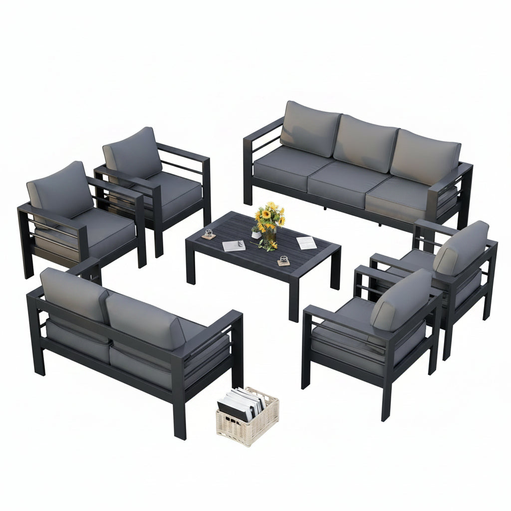 Aluminum Patio Furniture Set, 7 Piece Metal Outdoor Set, Patio Furniture Set with Waterproof Covers for Backyard Garden（Grey）