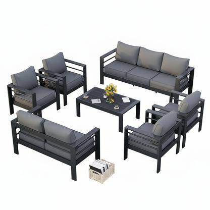 Aluminum Patio Furniture Set, 7 Piece Metal Outdoor Set, Patio Furniture Set with Waterproof Covers for Backyard Garden（Grey）