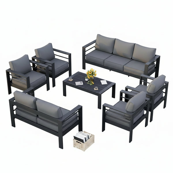 Aluminum Patio Furniture Set, 7 Piece Metal Outdoor Set, Patio Furniture Set with Waterproof Covers for Backyard Garden（Grey）