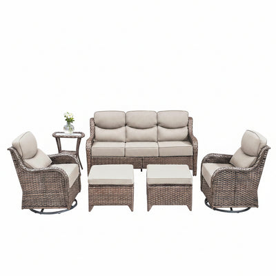 6 Pieces Outdoor Patio Furniture Set with Swivel Rocker Chairs and 6" Thick Cushions,Wicker Conversation Set with Sectional Sofa Coffee Table for Porch Deck Backyard Poolside