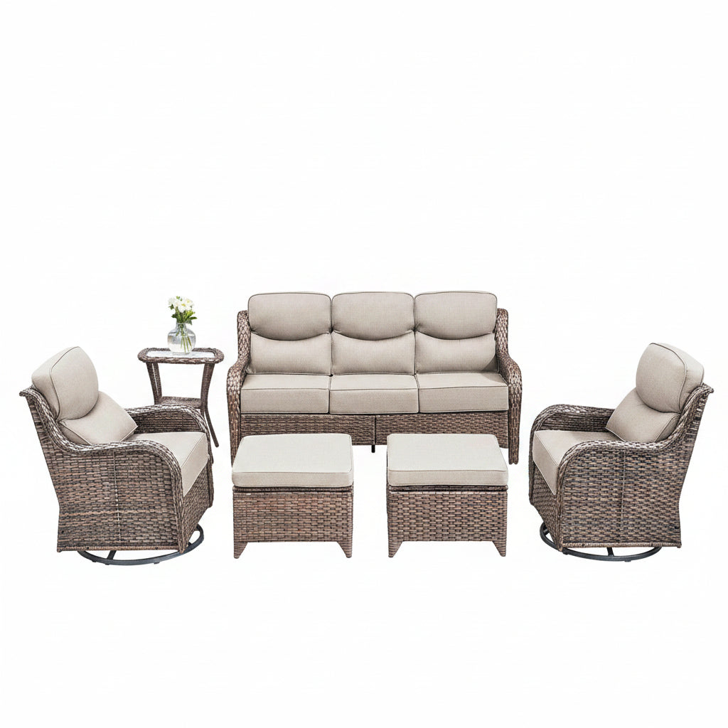 6 Pieces Outdoor Patio Furniture Set with Swivel Rocker Chairs and 6" Thick Cushions,Wicker Conversation Set with Sectional Sofa Coffee Table for Porch Deck Backyard Poolside