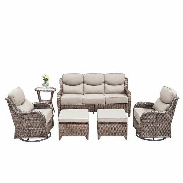 6 Pieces Outdoor Patio Furniture Set with Swivel Rocker Chairs and 6" Thick Cushions,Wicker Conversation Set with Sectional Sofa Coffee Table for Porch Deck Backyard Poolside
