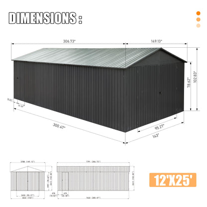 12x25FT Outdoor Metal Garage Shed, Extra Large Metal Carport
