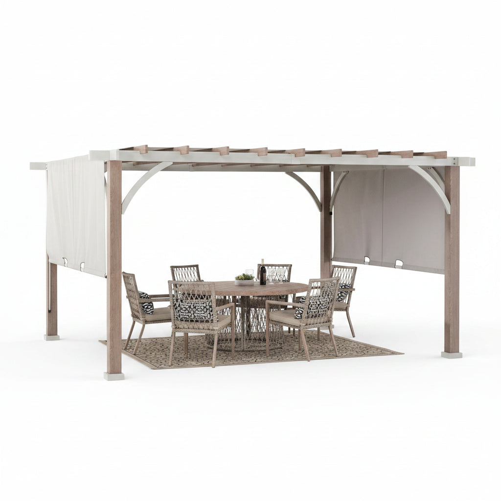 Sunjoy Outdoor Pergola 12 X 14 Ft. with Adjustable Sun Shade Canopy for Backyard and Garden Shade, Patio Modern White Steel Frame Grape Trellis Pergolas, Light Gray by