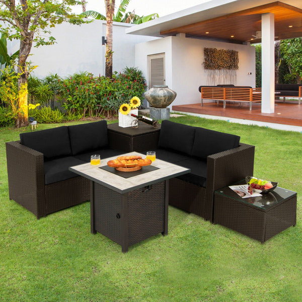 5-Piece Patio Furniture Set with 30 Inches Propane Gas Fire Pit Table Outdoor PE Wicker Sofa Set