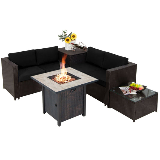 5-Piece Patio Furniture Set with 30 Inches Propane Gas Fire Pit Table Outdoor PE Wicker Sofa Set