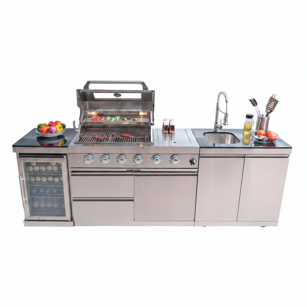 Modular Outdoor Kitchen BBQ Island, 104" Outdoor Kitchen Propane Gas Island Grill with Sink, Compact Refrigerator, Storage Cabinets, Rotisserie Kit (Silver, 104")