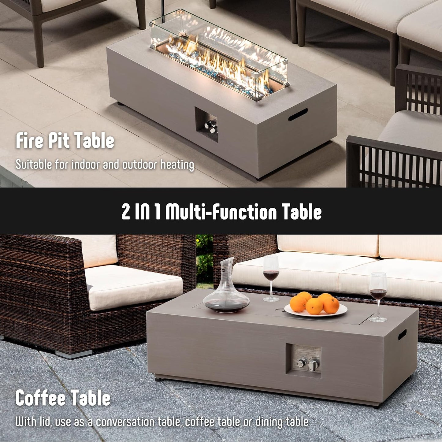 42’’ Propane Fire Pit Table Set with Tank Holder, CSA Certifed 50,000 BTU Outdoor Firepit Table, Wind Guard & Glass Stones, Smoke-Free Rectangular Fire Table for Garden Porch Backyard | Outdoor Firepit Table with Wind Guard & Glass Stones, Smoke-Free Rectangular Fire Table for Garden Porch Backyard