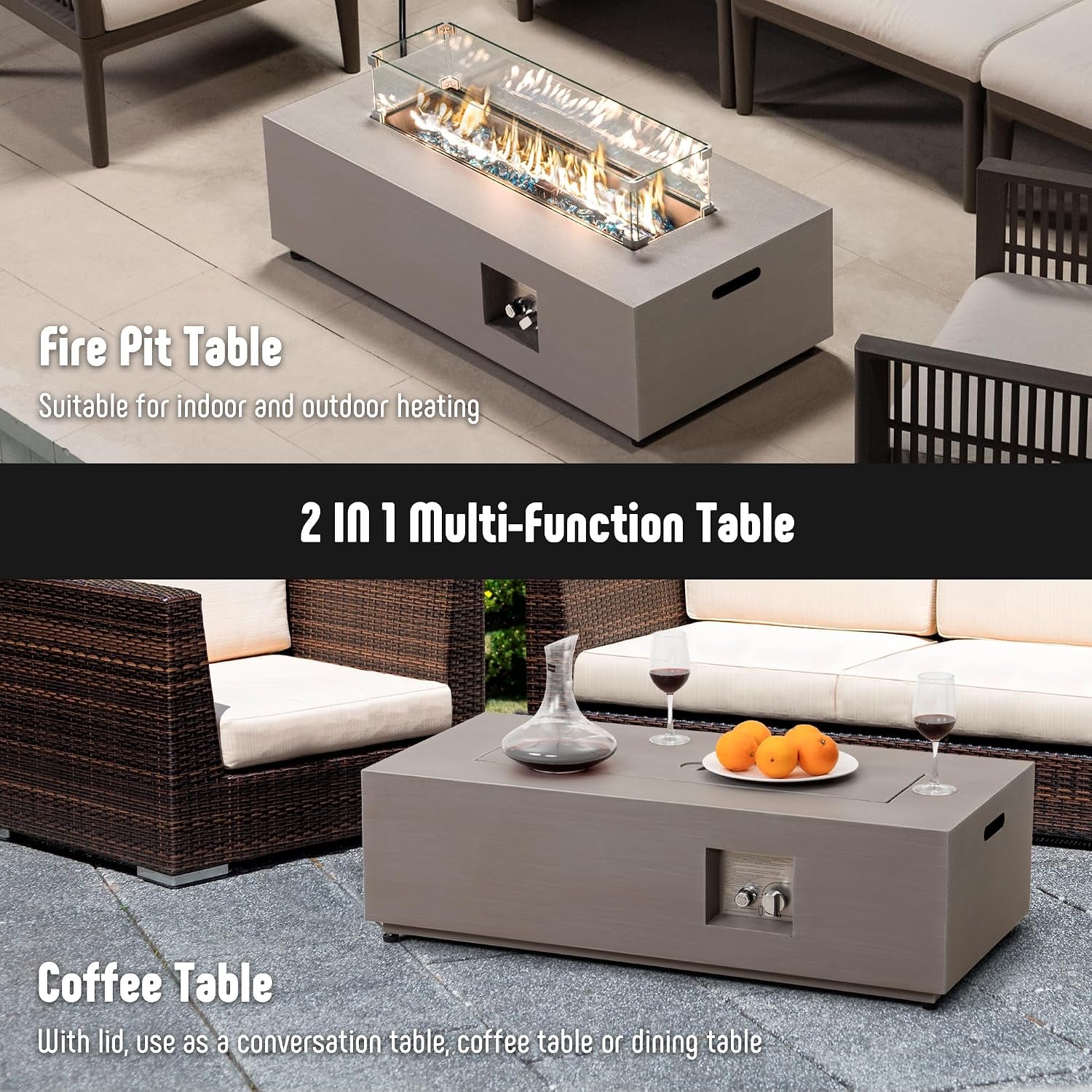 42’’ Propane Fire Pit Table Set with Tank Holder, CSA Certifed 50,000 BTU Outdoor Firepit Table, Wind Guard & Glass Stones, Smoke-Free Rectangular Fire Table for Garden Porch Backyard | Outdoor Firepit Table with Wind Guard & Glass Stones, Smoke-Free Rectangular Fire Table for Garden Porch Backyard