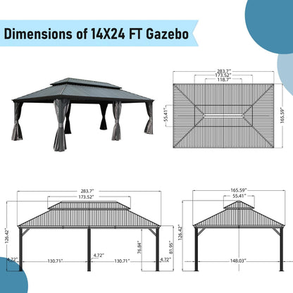 14x24FT Hardtop Gazebo with Galvanized Steel Double Roof