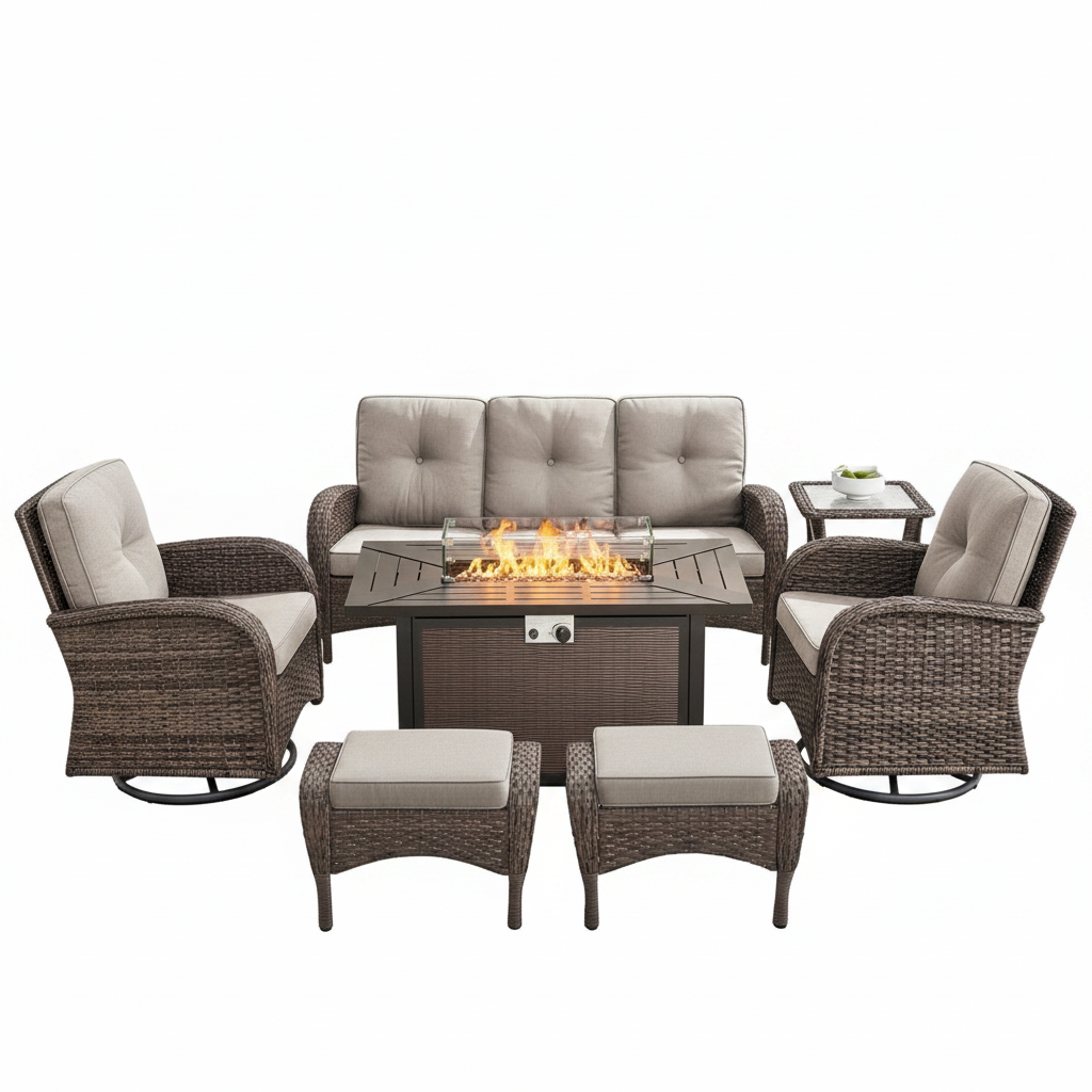 7 Piece Outdoor Patio Furniture Set, Patio Furniture Set with Fire Pit Table Rattan Wicker Patio Furniture Set, Brown Wicker & Beige Cushion