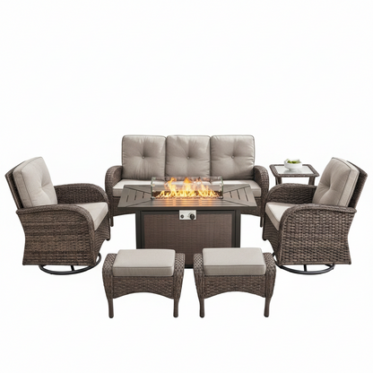 7 Piece Outdoor Patio Furniture Set, Patio Furniture Set with Fire Pit Table Rattan Wicker Patio Furniture Set, Brown Wicker & Beige Cushion