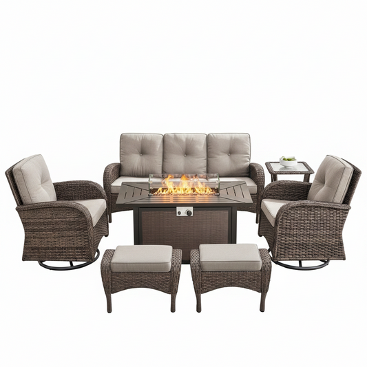 7 Piece Outdoor Patio Furniture Set, Patio Furniture Set with Fire Pit Table Rattan Wicker Patio Furniture Set, Brown Wicker & Beige Cushion