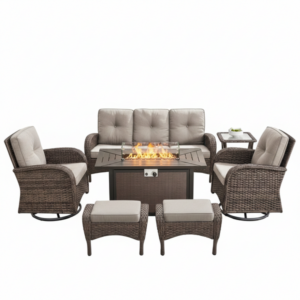 7 Piece Outdoor Patio Furniture Set, Patio Furniture Set with Fire Pit Table Rattan Wicker Patio Furniture Set, Brown Wicker & Beige Cushion
