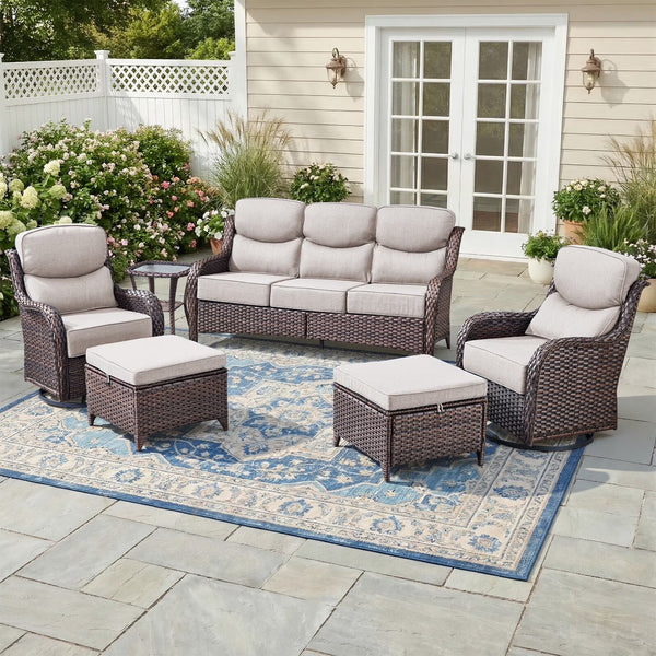 6 Pieces Outdoor Patio Furniture Set with Swivel Rocker Chairs and 6" Thick Cushions,Wicker Conversation Set with Sectional Sofa Coffee Table for Porch Deck Backyard Poolside