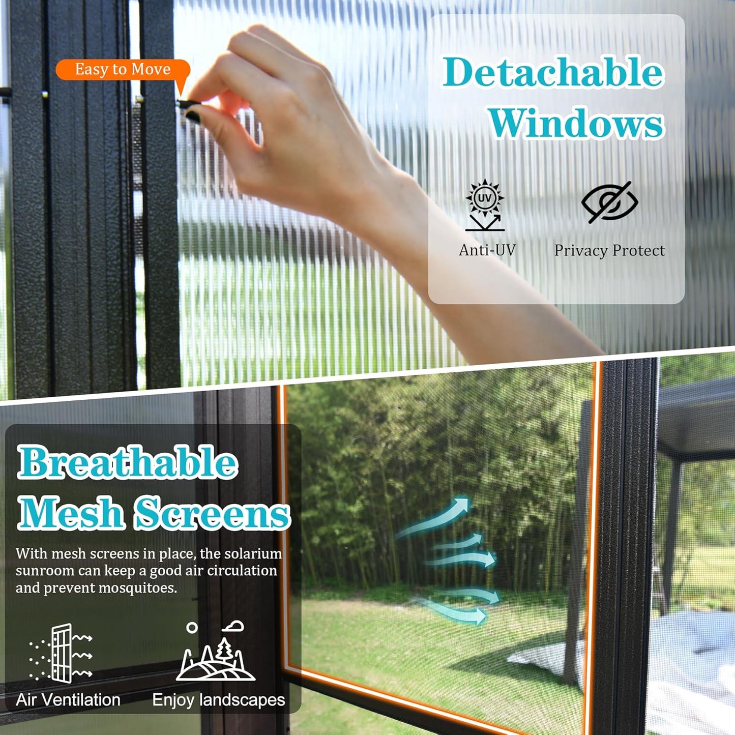 10x14FT All Season Sunroom with Detachable Windows and Sliding Doors