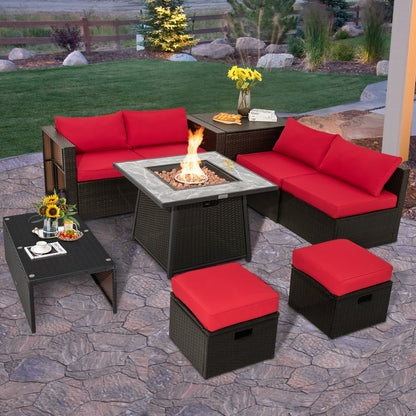 9 Pieces Patio PE Wicker Sectional Set with 50000 BTU Fire Pit Table