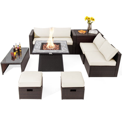 9 Pieces Patio PE Wicker Sectional Set with 50000 BTU Fire Pit Table