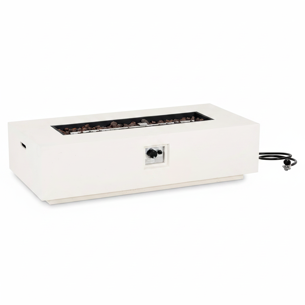 Aidan Lightweight Concrete Outdoor Propane Fire Pit Table, 50,000 BTU Rectangular Fire Table for Patio Furniture Set (No Tank Holder), Fully Assembled Patio Fire Pit, White