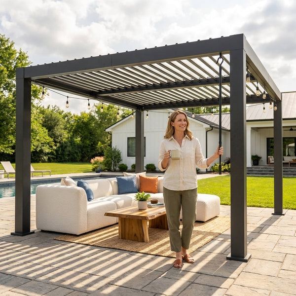 Louvered Pergola Designed for Year-Round Outdoor Living, Adjustable Aluminum Louvers, Integrated Drainage, 139in Frame
