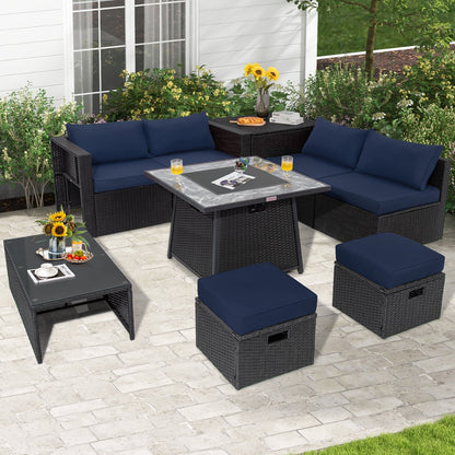 9 Pieces Outdoor Wicker Sectional with 35 Inch Gas Fire Pit Table