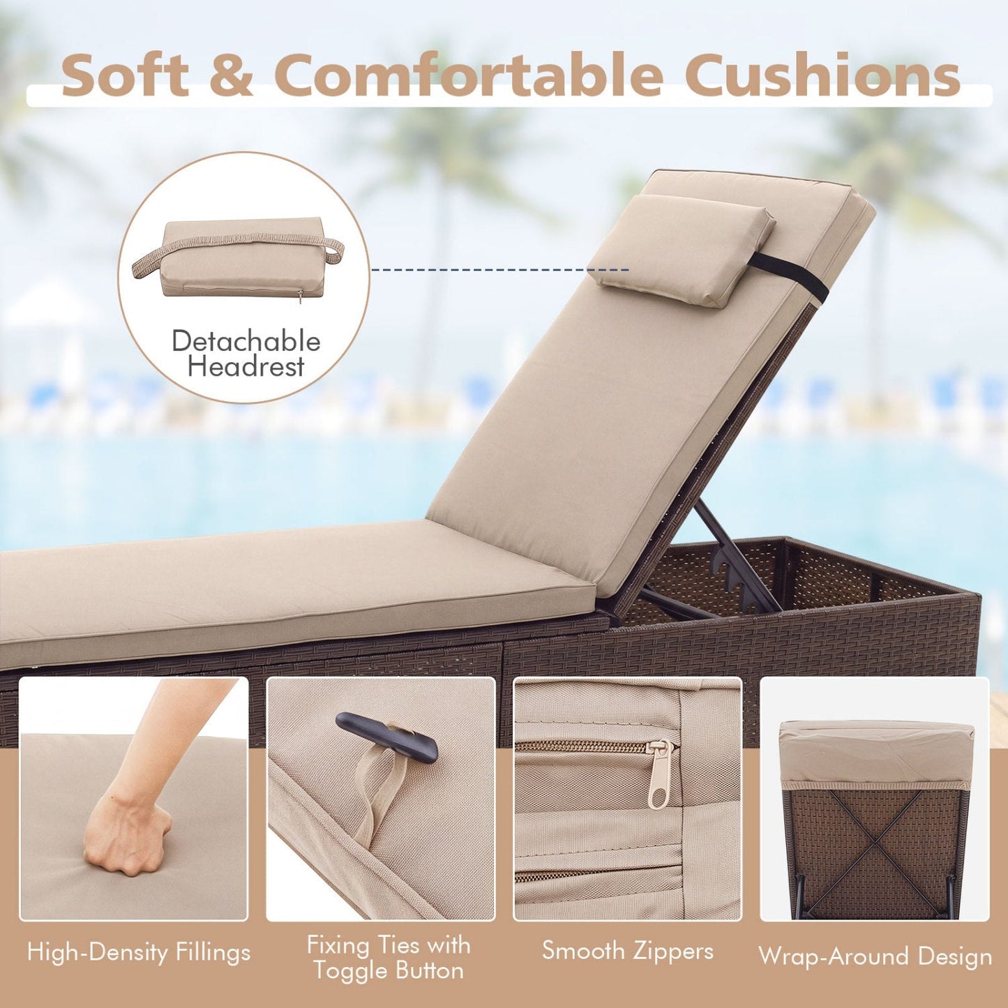 PE Rattan Chaise Lounge Set of 2 with 6-Position Adjustable Backrest and Foldable Side Table