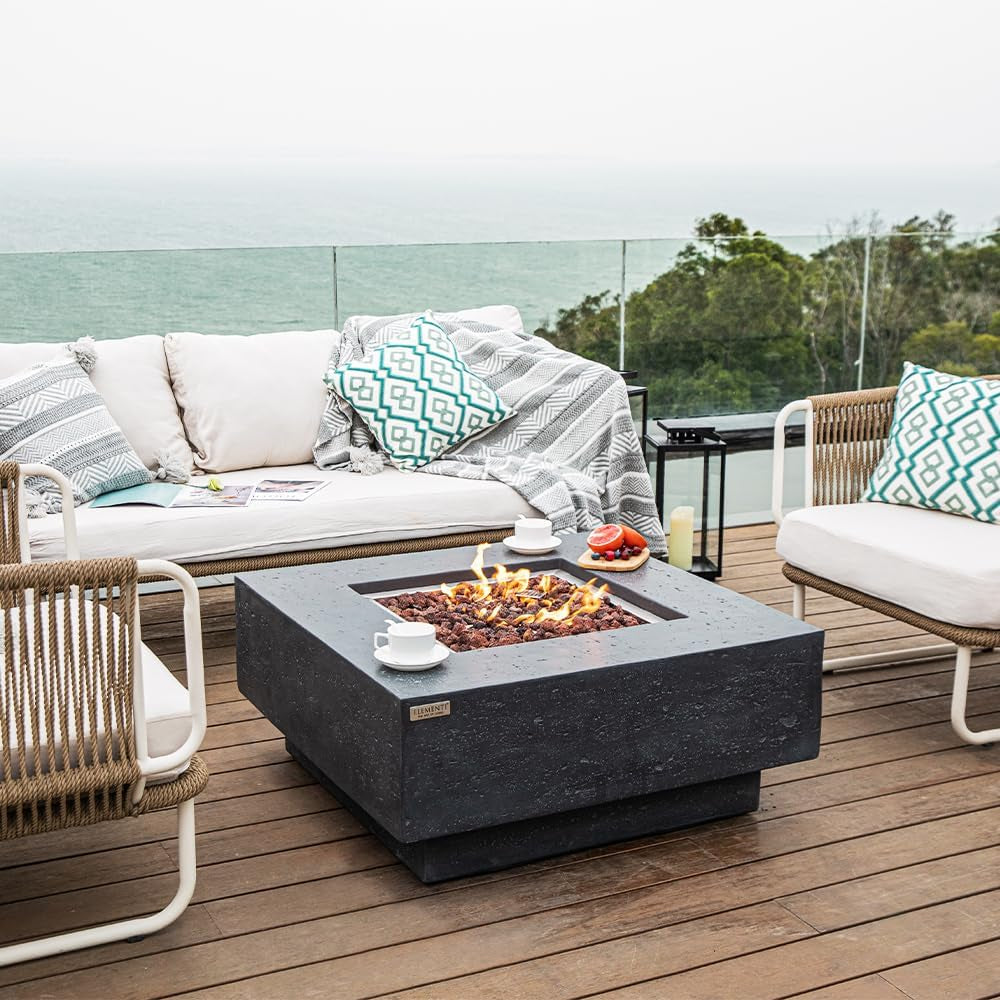 Manhattan Concrete Fire Pit 36" X 36" Outdoor Patio Firepit Includes Lava Rocks Modern Fire Pits & Outdoor Fireplaces for Garden, Deck, Indoor & Outdoor Heating