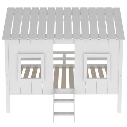 Twin Size Low Loft House Bed With Roof And 2 Front Windows - White