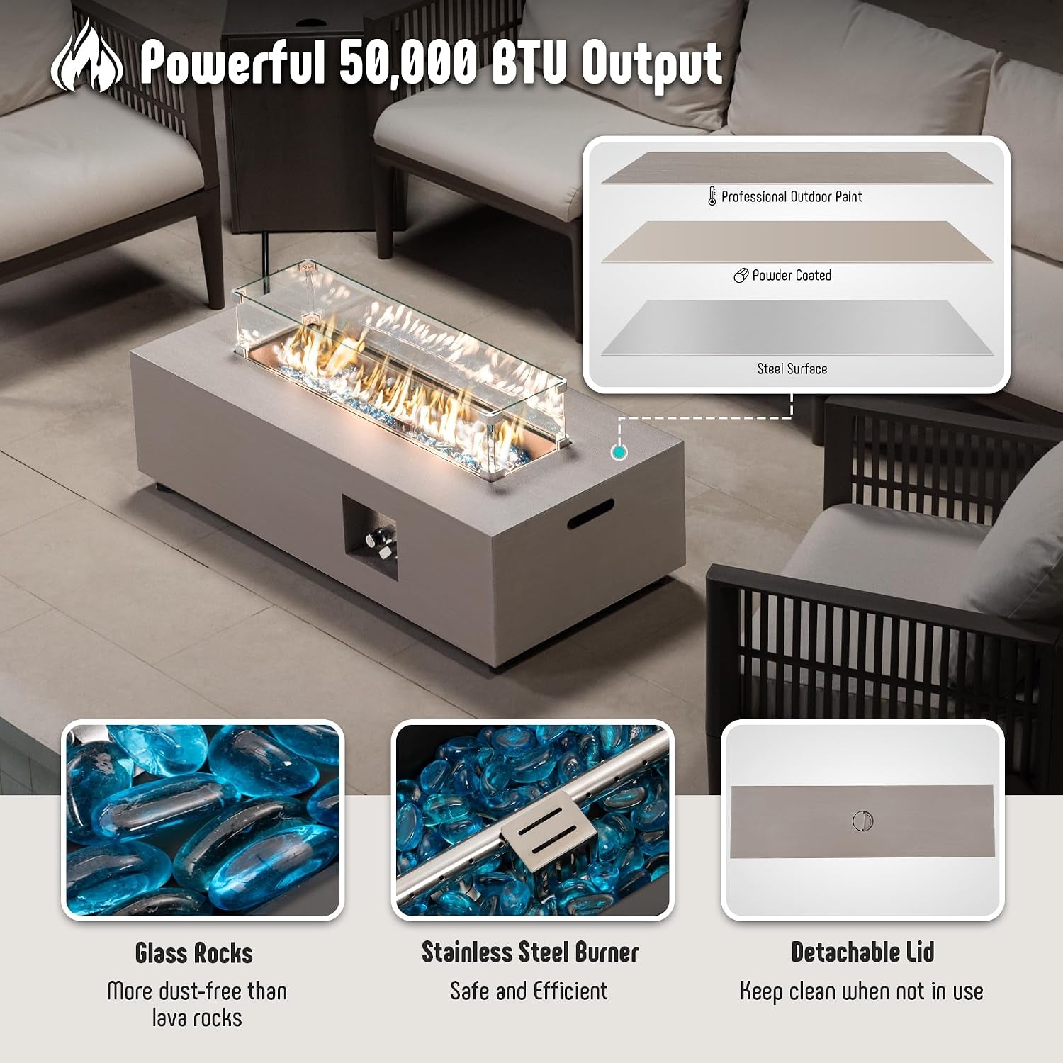 42’’ Propane Fire Pit Table Set with Tank Holder, CSA Certifed 50,000 BTU Outdoor Firepit Table, Wind Guard & Glass Stones, Smoke-Free Rectangular Fire Table for Garden Porch Backyard | Outdoor Firepit Table with Wind Guard & Glass Stones, Smoke-Free Rectangular Fire Table for Garden Porch Backyard