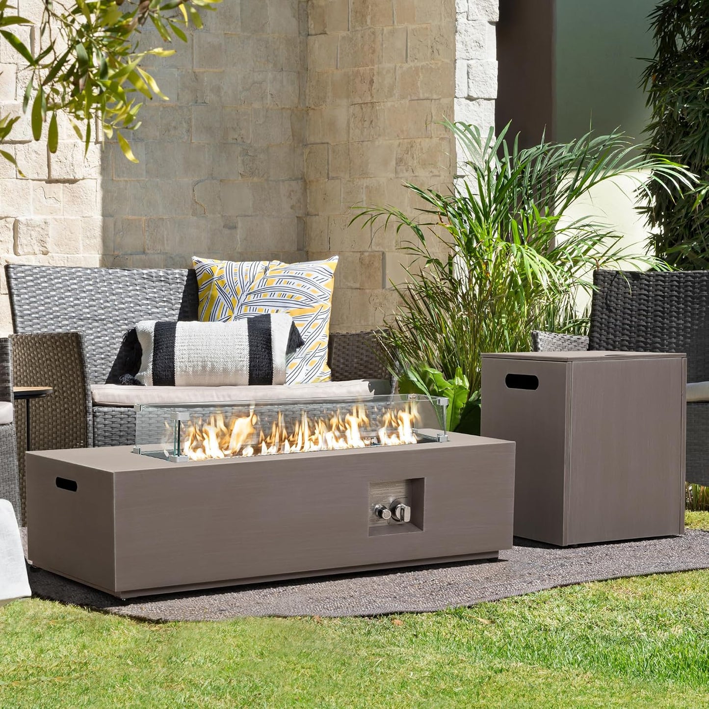 42’’ Propane Fire Pit Table Set with Tank Holder, CSA Certifed 50,000 BTU Outdoor Firepit Table, Wind Guard & Glass Stones, Smoke-Free Rectangular Fire Table for Garden Porch Backyard | Outdoor Firepit Table with Wind Guard & Glass Stones, Smoke-Free Rectangular Fire Table for Garden Porch Backyard